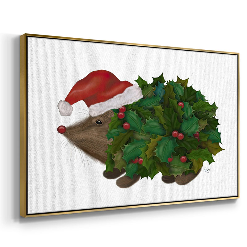 Hérisson de Noël encadré sur toile, H 25 po x l 37 po x P 1,5 po, Encadrement doré