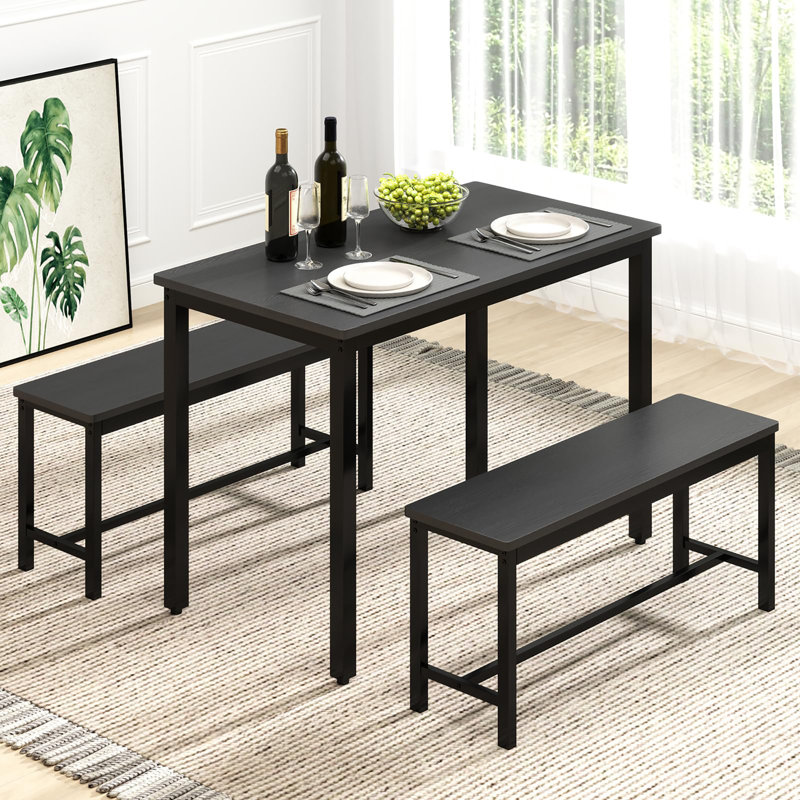 Ensemble de salle à manger 43 "pour 4 personnes avec 2 bancs et pieds réglables, Noir, Noir, Noir