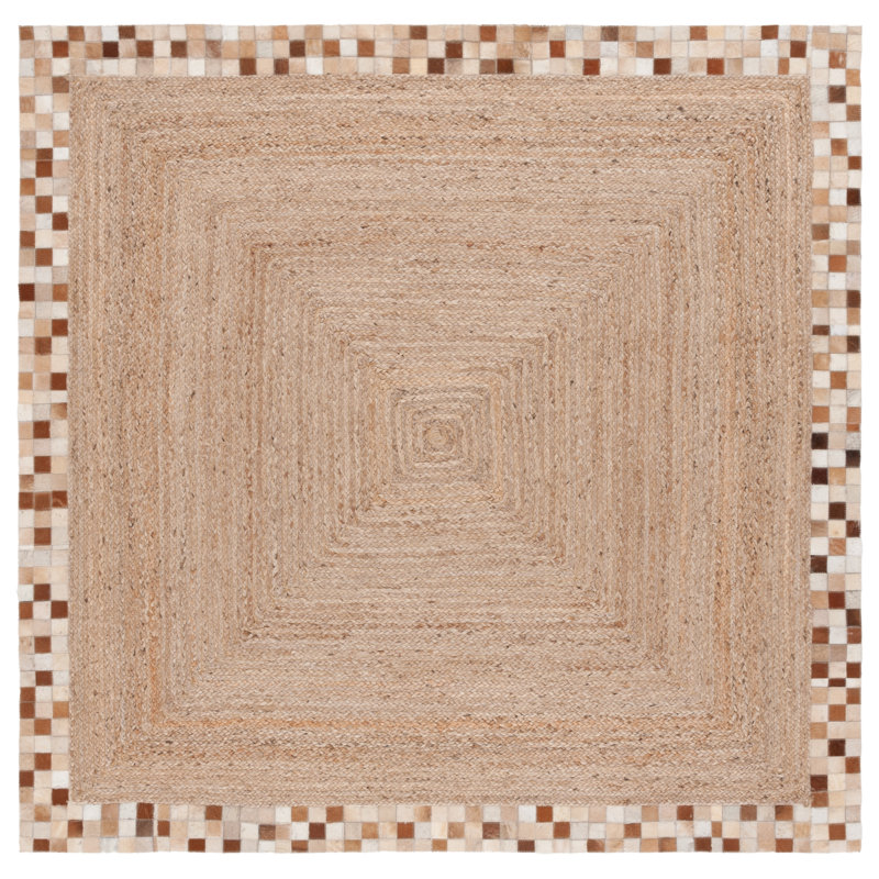 Dafney Hand Loomed Leather/Jute Checkered Rug in Tan, Square 6'