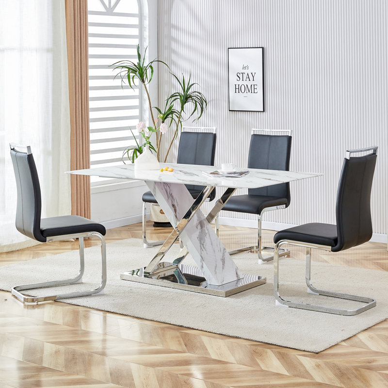 5-Piece Modern Rectangular Faux Marble Dining Set with Faux Leather Cantilever Chairs, Black