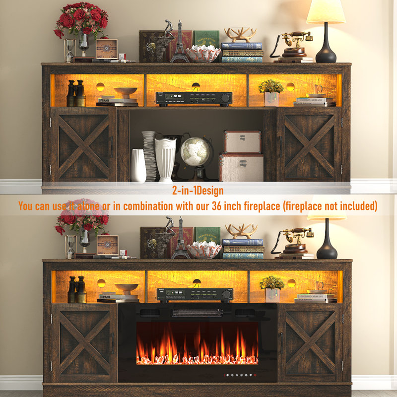 Zev Storage Credenza with Fireplace Included, 31.5" H x 70.8" W x 13.8" D, Walnut