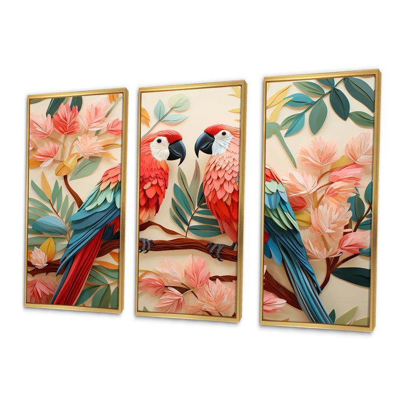 Fleurs tropicales roses et bleues - art mural perroquet II, Cadre flottant doré, H 40 po x l 61 po