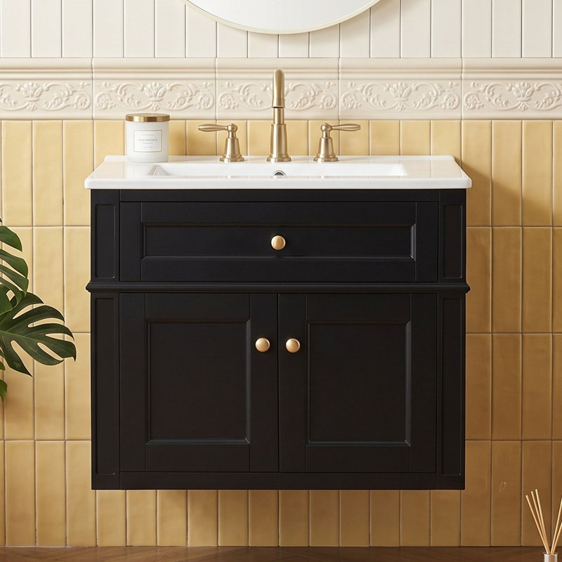 Meuble-lavabo mural avec lavabo en céramique, Black