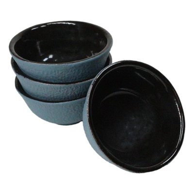 Teal Blue Textured Japanese Tetsubin Style Cast Iron Mini Tea Cups Set of 4
