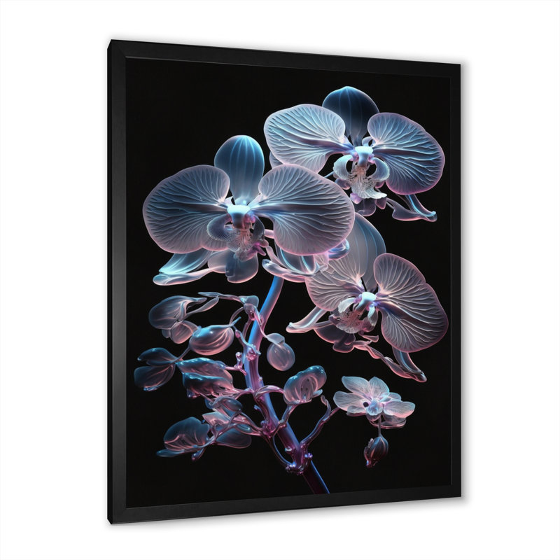 Orchidée blanche lumineuse avec lueur mauve IV - reproduction sur toile, L 12 po x H 20 po, Cadre photo noir