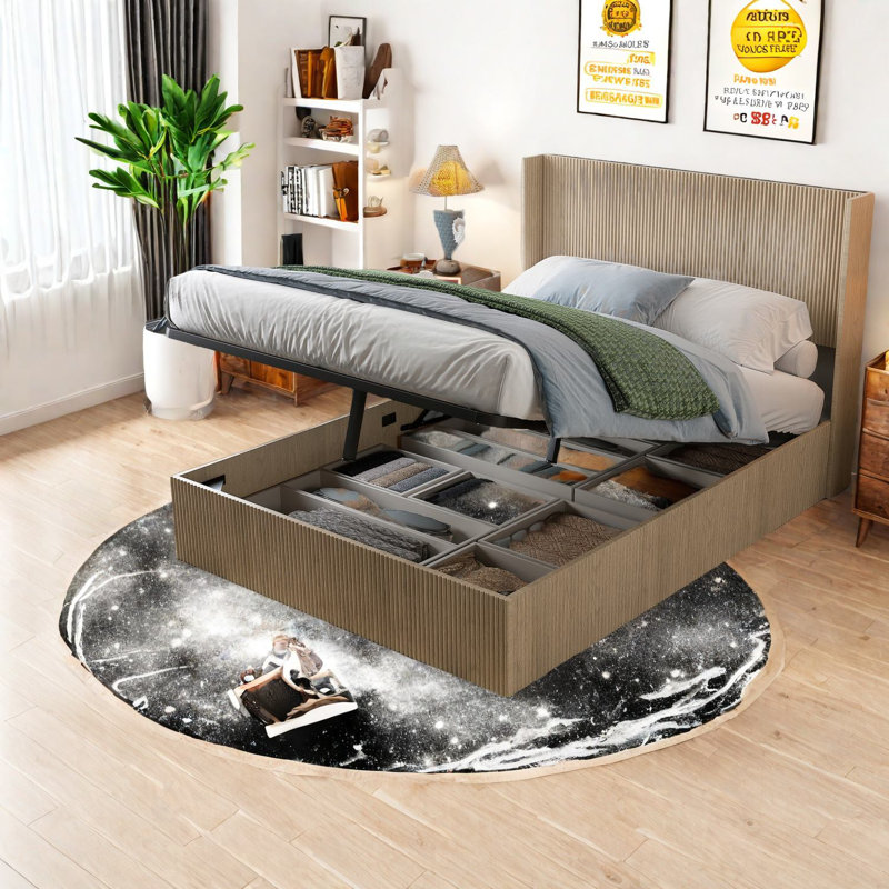 Lit en bois avec rangement spacieux et grand lit en chêne moderne avec plateforme de levage