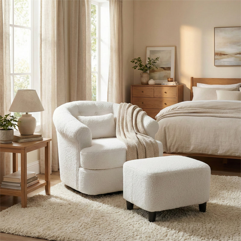 Ensemble de fauteuil pivotant avec repose-pieds, Molleton pelucheux blanc