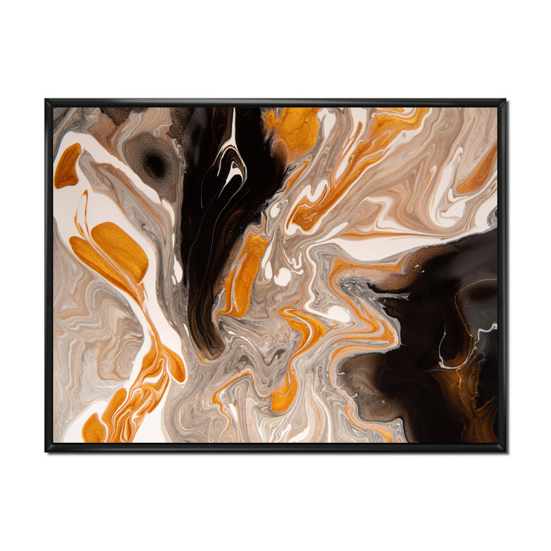 Orange et vagues de marbre noir III - peinture sur toile, H 12 po x l 20 po x P 1 po, Cadre flottant noir