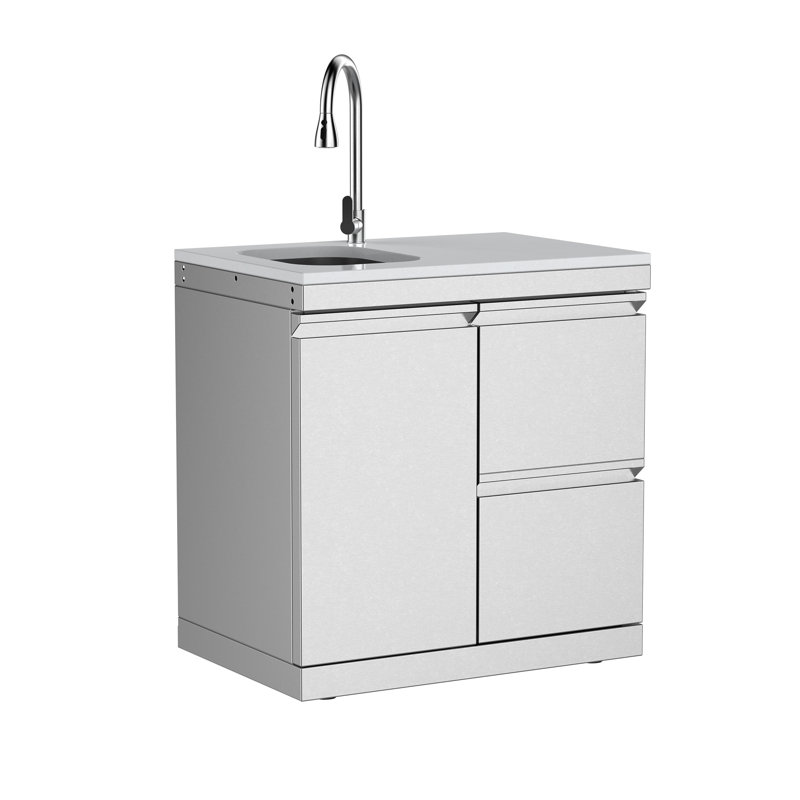 Îlot de cuisine d'extérieur en acier inoxydable avec tiroirs et évier intégré, comptoir en quartz blanc SERA, Argent