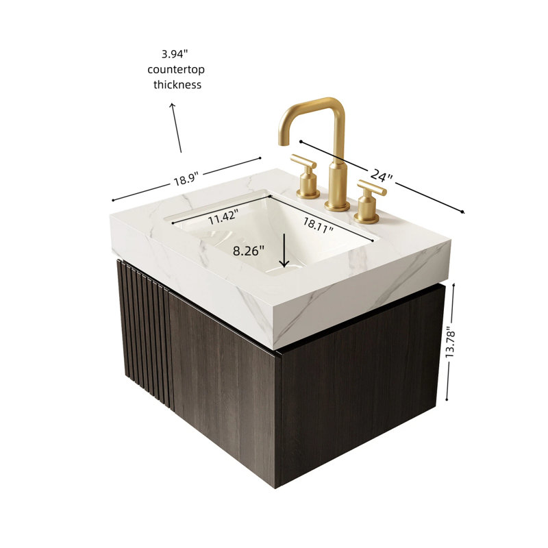 Meuble-lavabo flottant 24 po avec évier en céramique et plateau en pierre frittée, 2 portes