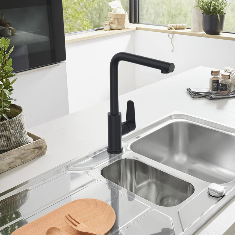 Robinet de cuisine avec douchette rétractable, évier de cuisine à affichage numérique avec robinet à poignée simple, Noir mat