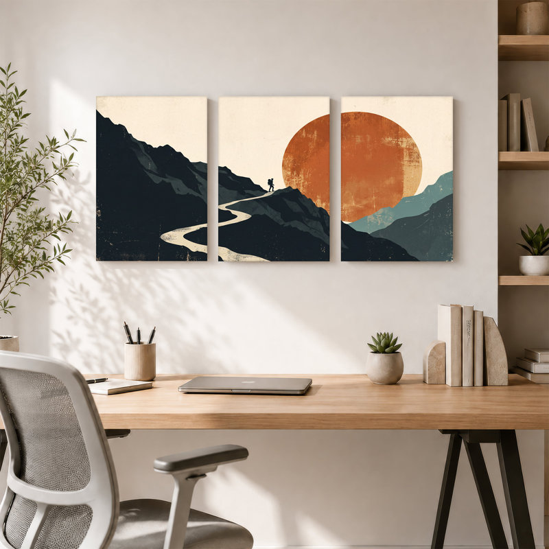 «Hiker on Winding Mountain Path» avec grand ensemble de 3 toiles orange, 18"H x 12"W x 3pcs