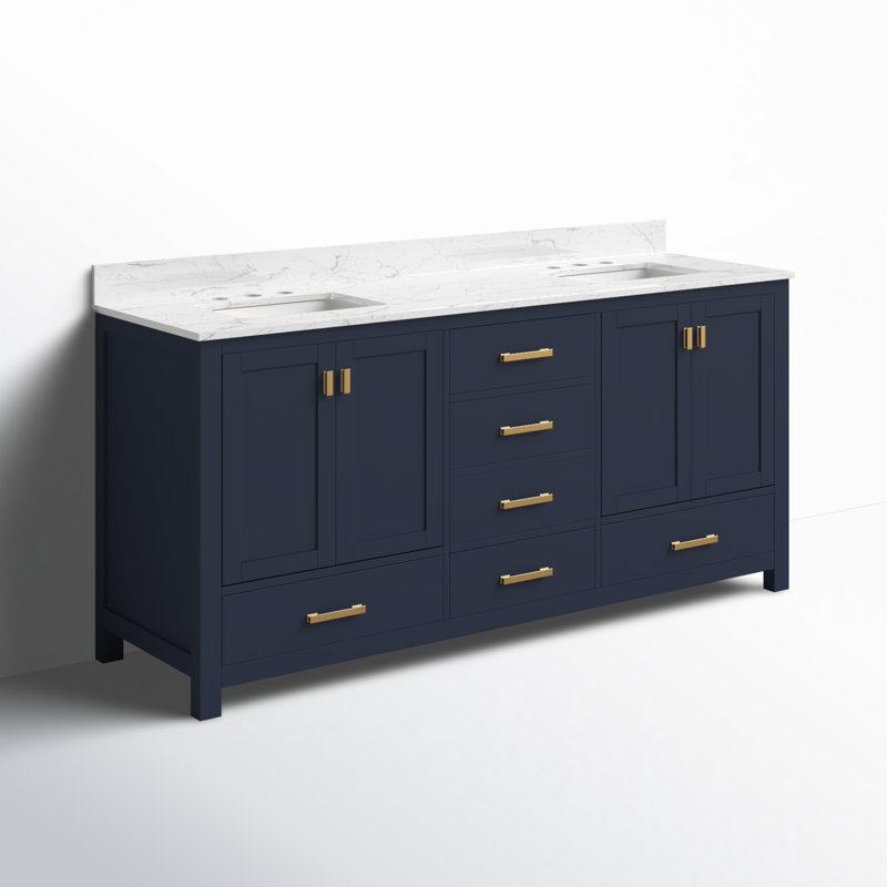 Souther 72" Double Bathroom Vanity with Top, Navy Blue, Cala White Marble
