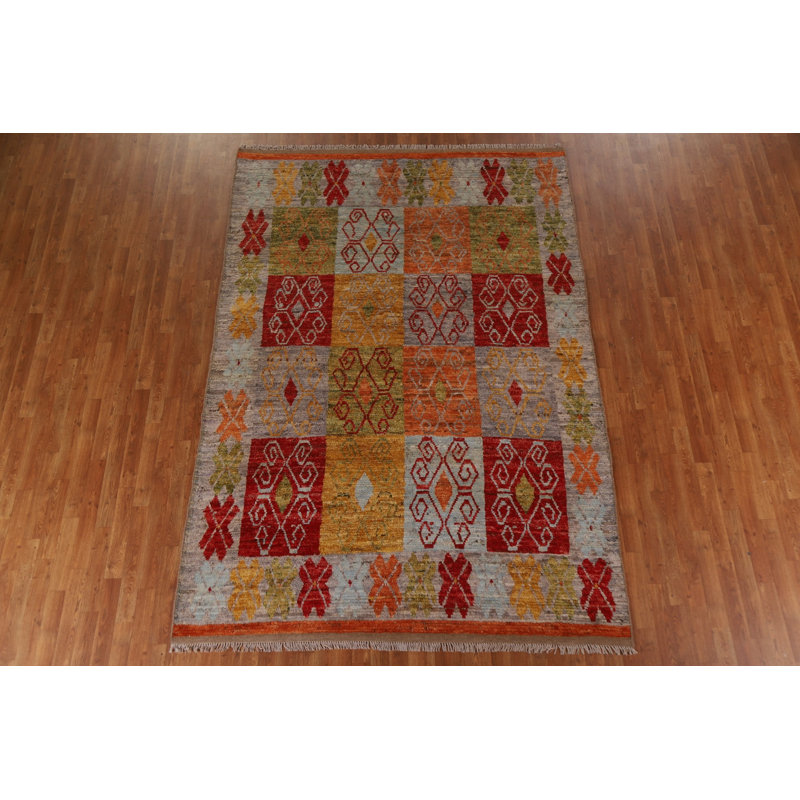 Tapis orange / bleu / vert en laine noué à la main de conception unique 6 pi 10 po x 9 pi 10 po New Age