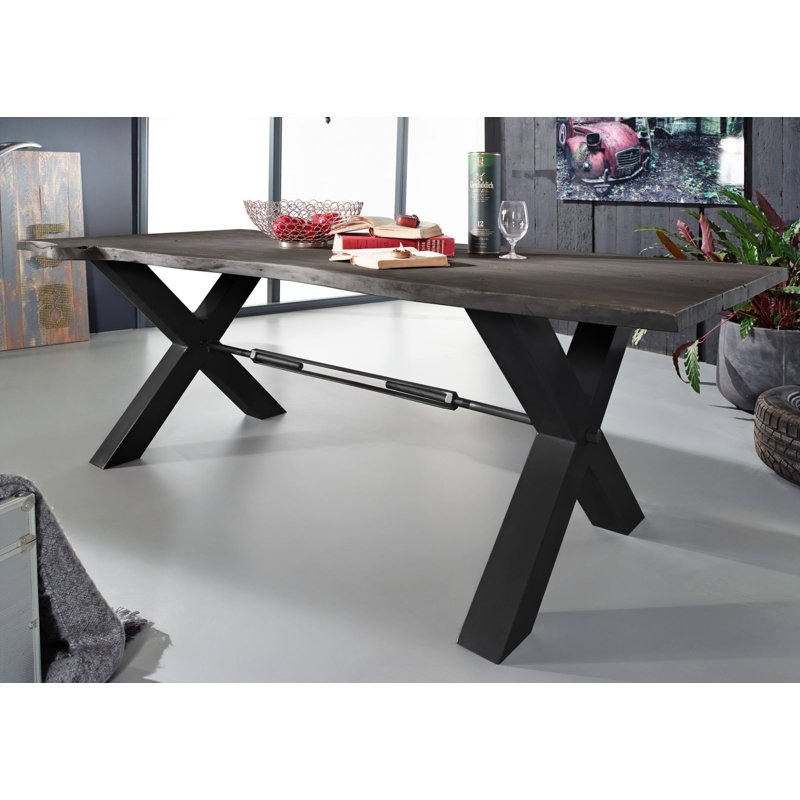 Acacia Solid Wood Top Metal Base Dining Table, Dark Anthracite, H76 x L240 x W100cm