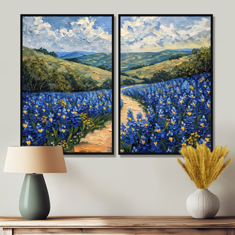 Blue Green Meadow Charm Blue Bonnets V - Gray, art traditionnel sur toile, 2 pièces, H 36 po x l 48 po, Noir