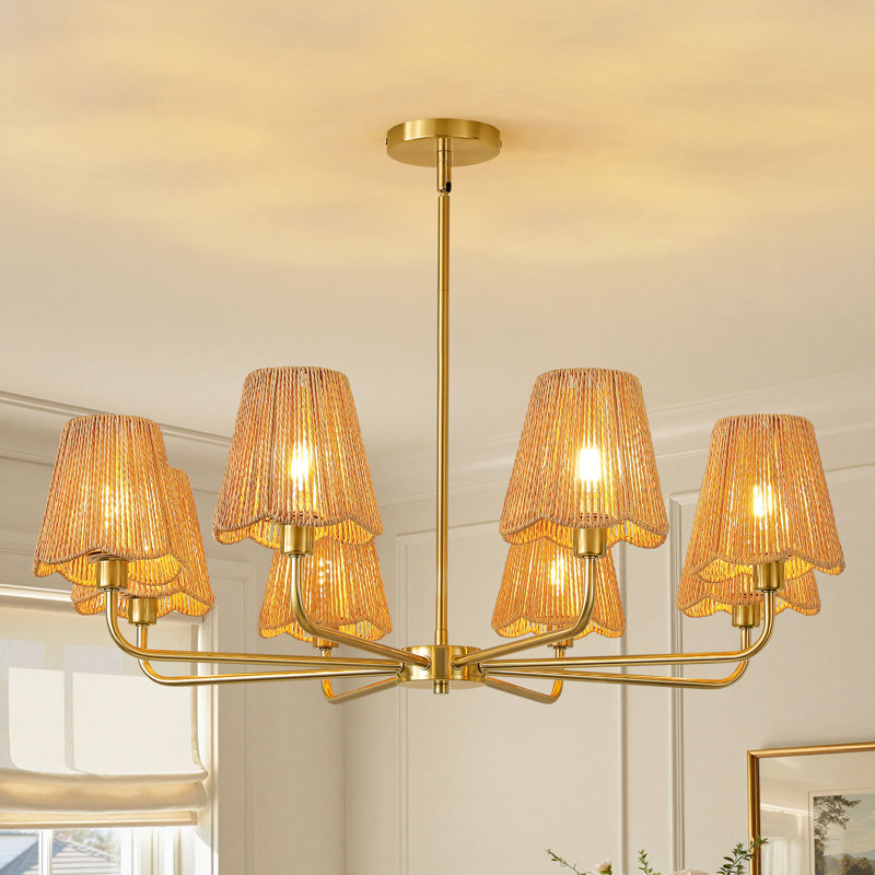 Lustre 8 lumières à intensité variable moderne avec abat-jour en rotin
