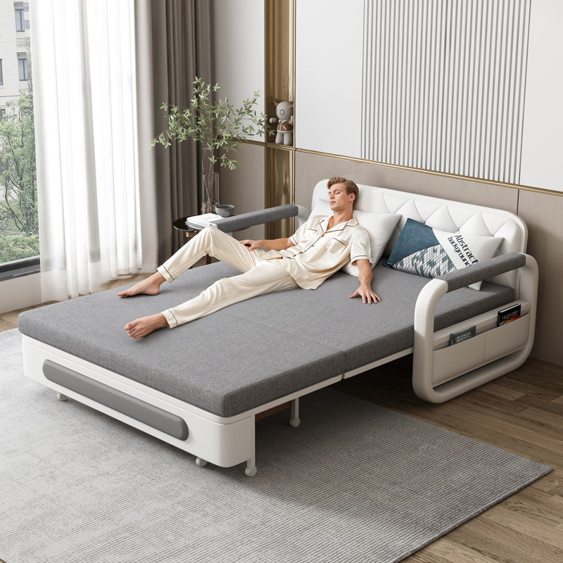 Small Space Sofa Bed with Storage, Convertible Sleeper with Pocket Spring Latex Mattress, Dark Grey & White Modern Design for Apartments(1.58m)