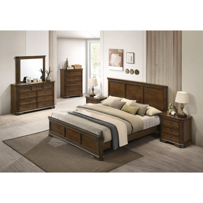 Ailany 6 Piece Bedroom Set, Antique Walnut, 6 Pcs: Bed, 2 Nightstands, Dresser, Mirror, Chest, King