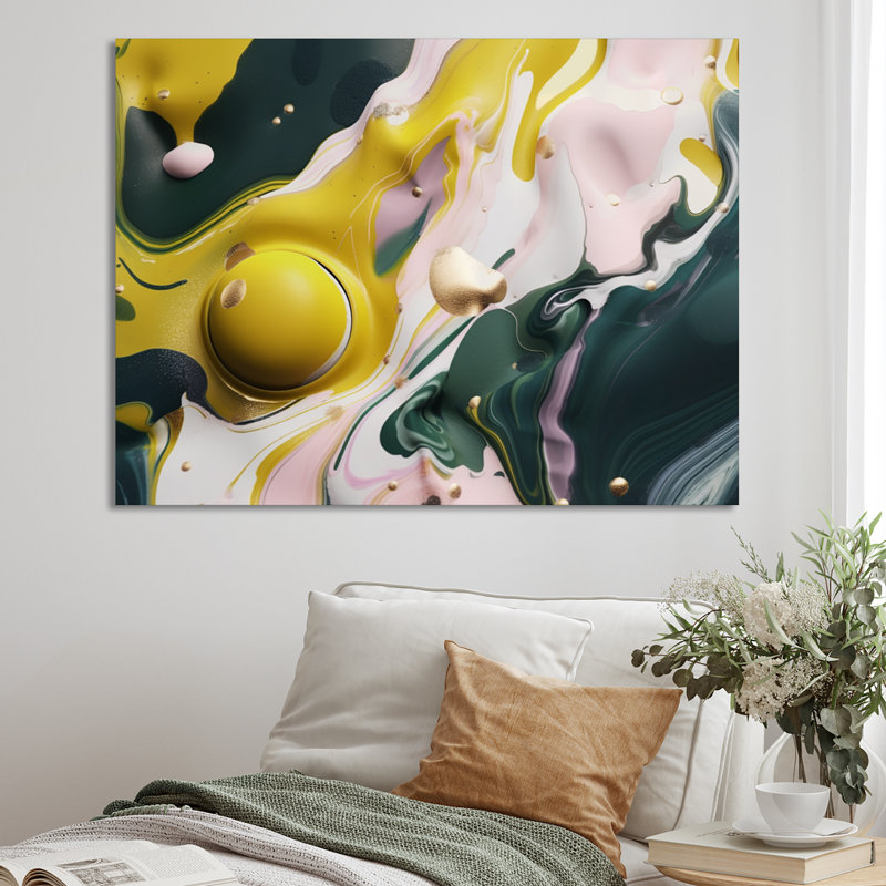 Jaune et vert pierre fluide I - impression abstraite sur toile de marbre, H 12 po x l 20 po x P 1 po, Toile tendue