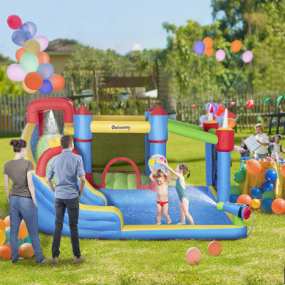 Outsunny 6-in-1 Inflatable Water Slide with Splash Pool, Slide, Climbing Wall, Water Cannon, Inflatable Bounce House for Kids with Inflation and Air Blower