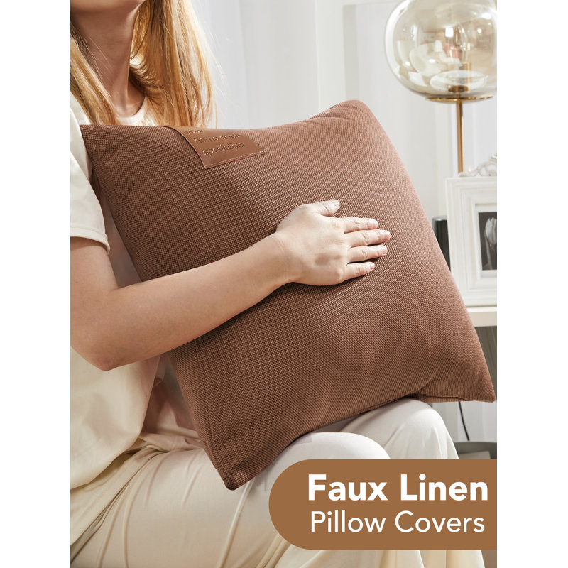 Decorative Linen Solid Throw Pillow Covers with Leather Label (Set of 4), Pumpkin, Rectangle, 16"H x 16"W
