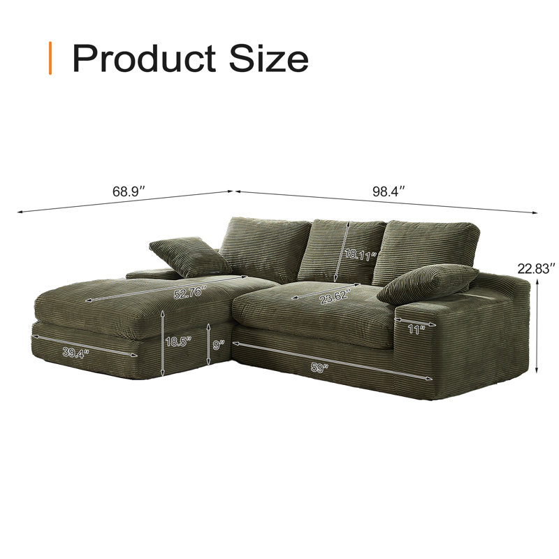Modern Corduroy Upholstered Sofa  L-Shaped Compressed Sofa, No Assembly Required, Green Corduroy