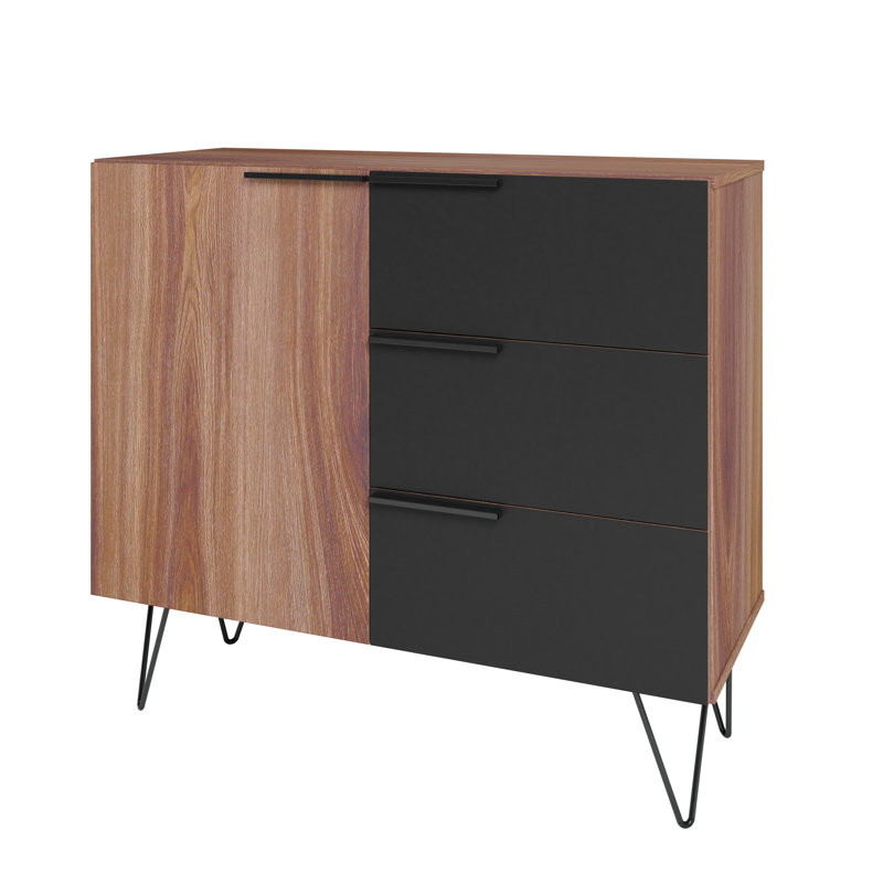 Beekman 35" Mid-Century Modern Sideboard with 3 Drawers and 2 Shelves in Brown and Black, Brown/Black