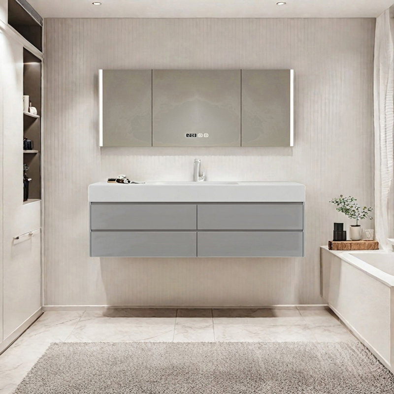 Armoire de salle de bain crème, Gris clair, H 19,68 po x l 66,92 po x P 21,65 po