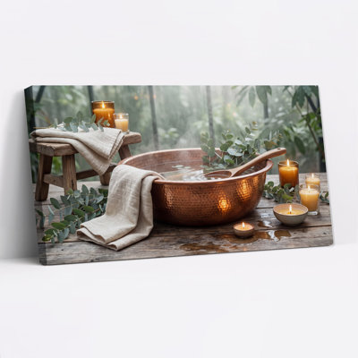 Hammered Copper Bowl with Eucalyptus and Candles Canvas Wall Art