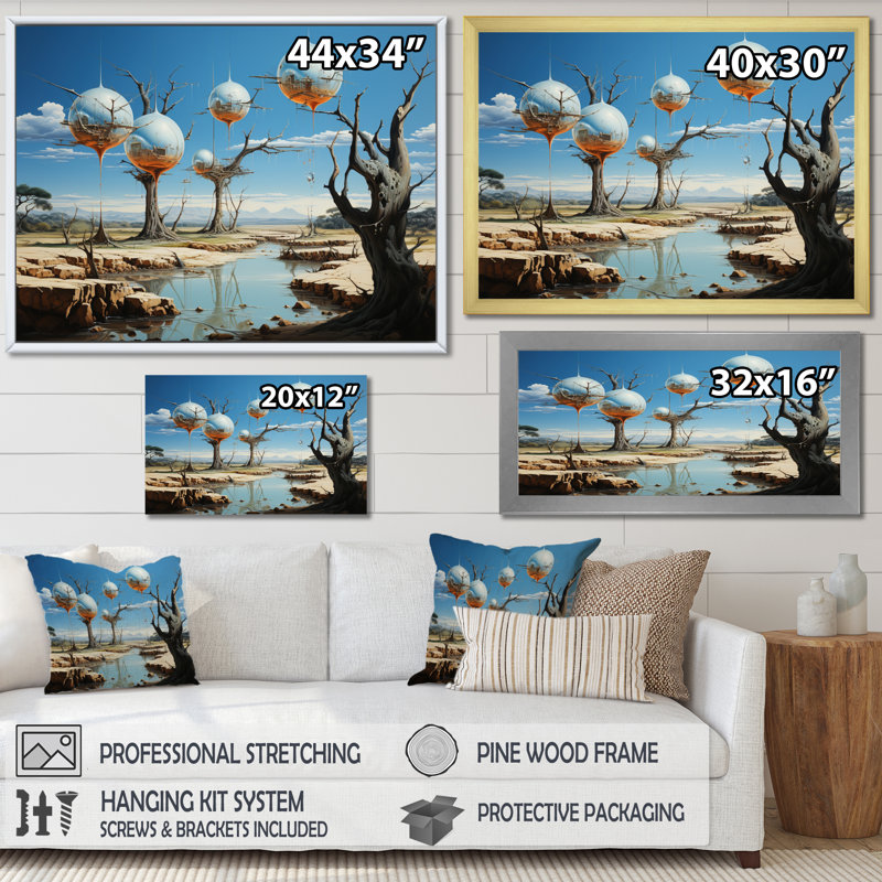 Impression sur toile, chef-d'œuvre «The Persistance Of Memory», H 30 po x l 40 po x P 1,5 po, Cadre flottant blanc