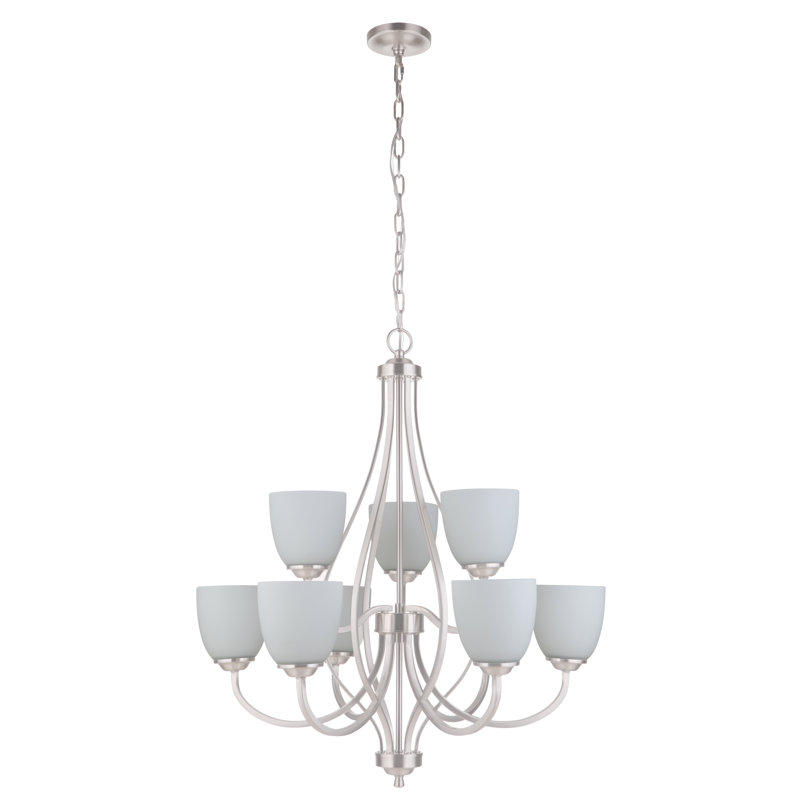 Lustre à niveaux 9 lumières Eridani, Nickel poli brossé, Blanc givré