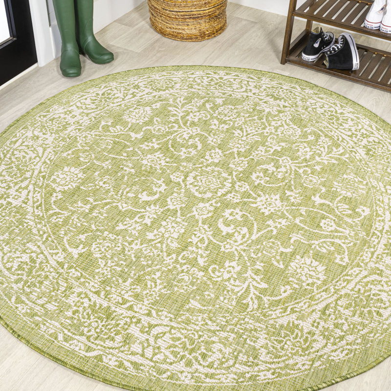 Demians Bohemian Textured Weave Floral Green/Cream Indoor/Outdoor Rug, Round 5'3"