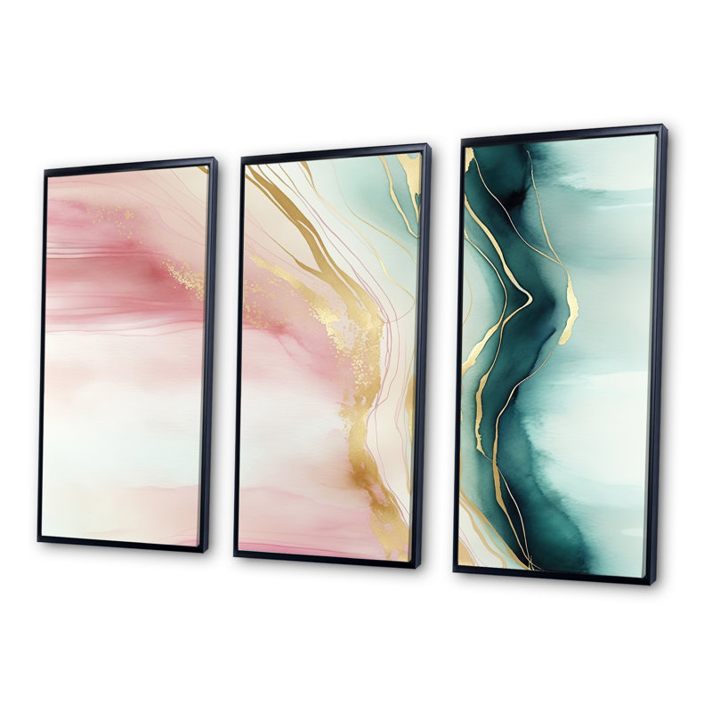Géode abstraite rose et vert marbre II - ensemble d'art mural sur toile abstraite en marbre, H 28 po x l 36 po x P 1 po