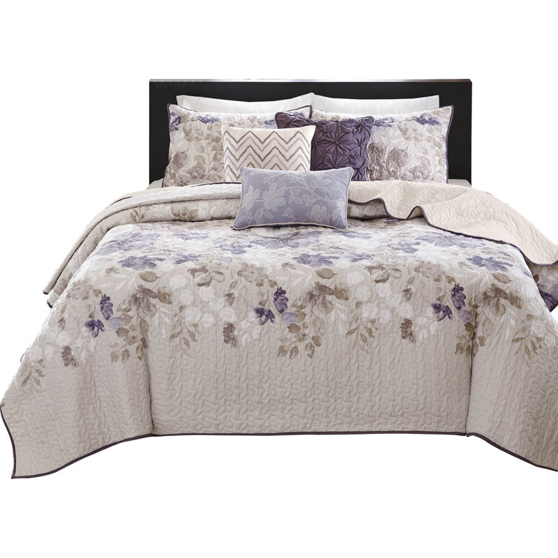 Floral 6 Piece Quilt Set with Throw Pillows, King/Cal.King Coverlet + 2 Shams + 3 Throw Pillows, Taupe