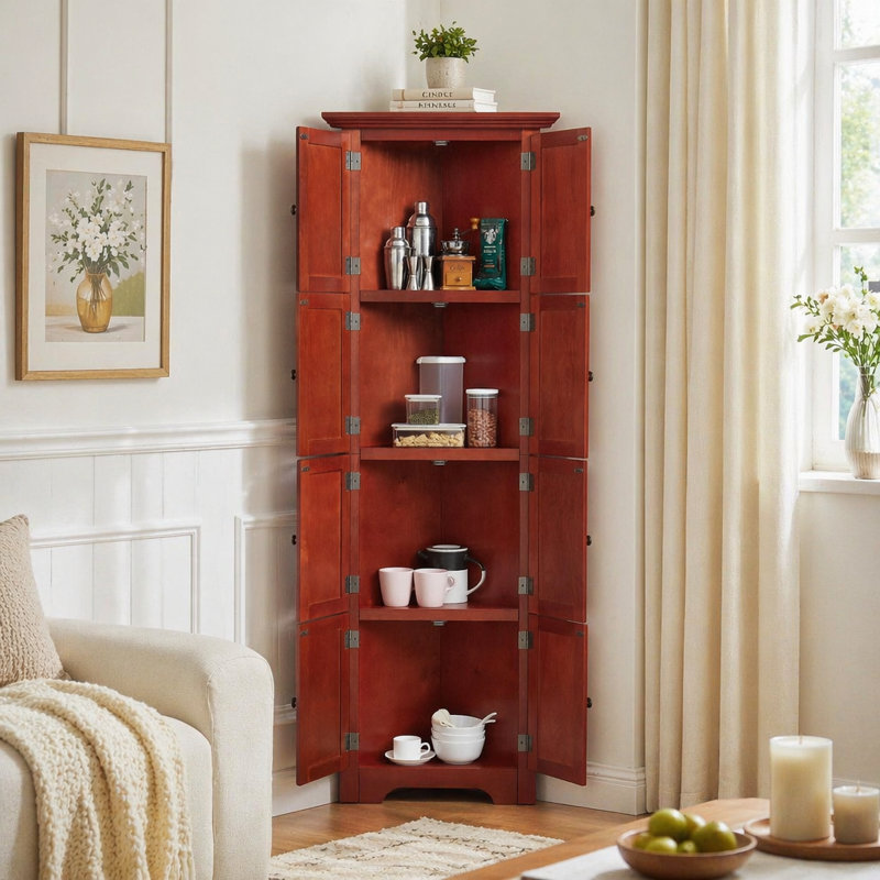 Armoire de rangement pour garde-manger de coin à 4 niveaux avec 8 portes, maximisant l'espace et l'efficacité organisationnelle dans n'importe quelle pièce