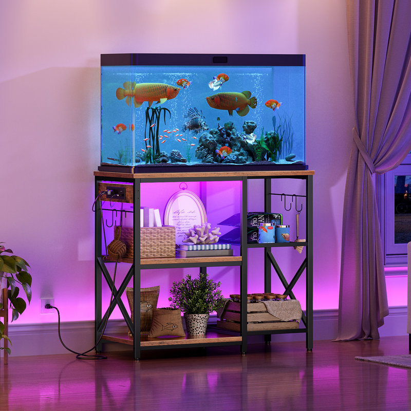 Black and Brown Metal Aquarium Stand with LED Light and Power Outlets