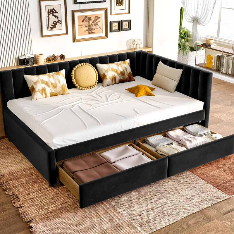 Lit de jour double rembourré en velours noir, conception d'angle avec rangement, confortable, 2 tiroirs de rangement en velours, pour le salon, la structure, sans sommier