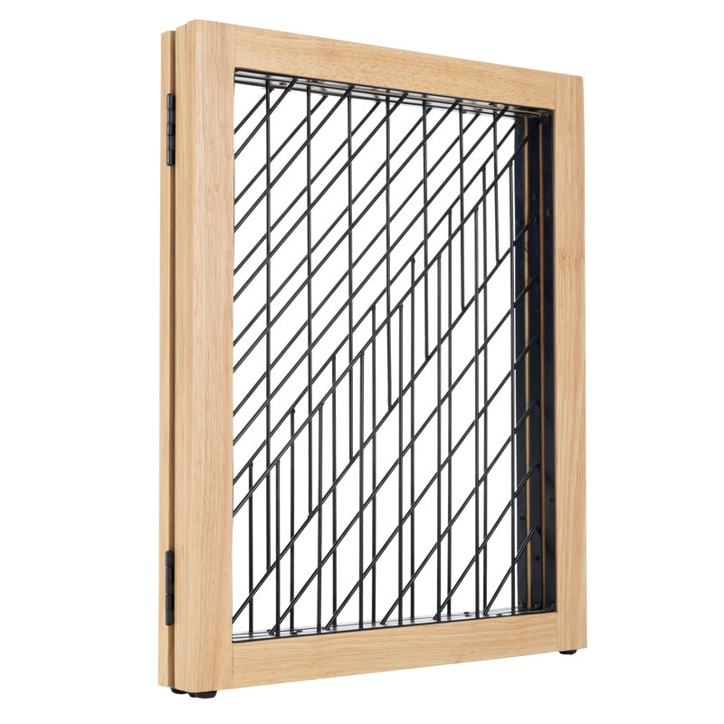 Natural Wood and Black Metal 3-Panel Freestanding Pet Gate