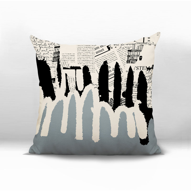 Oreiller carré réversible intérieur / extérieur Kisha, H 15 po x l 15 po, Gris / noir / blanc cassé abstrait