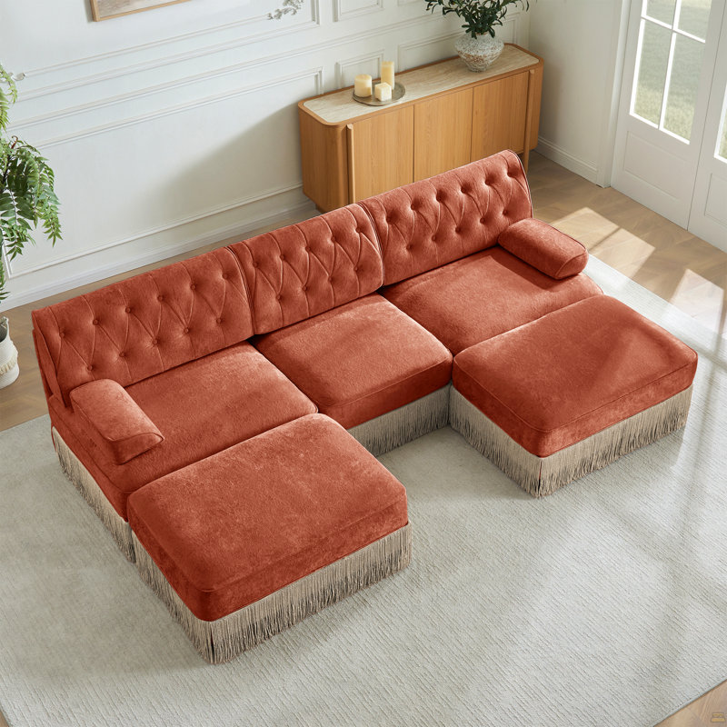 Canapé Chesterfield en U, H 34,2 po x l 106,1 po x P 60,3 po, Rouge / Brun