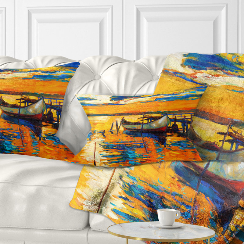 Coussin lombaire paysage bateau et jetée au coucher du soleil, 12 po x 20 po, Rectangulaire