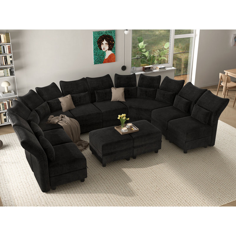 Bernel 130" Wide Chenille Modular Sectional with Ottoman, Black Microfiber/Microsuede