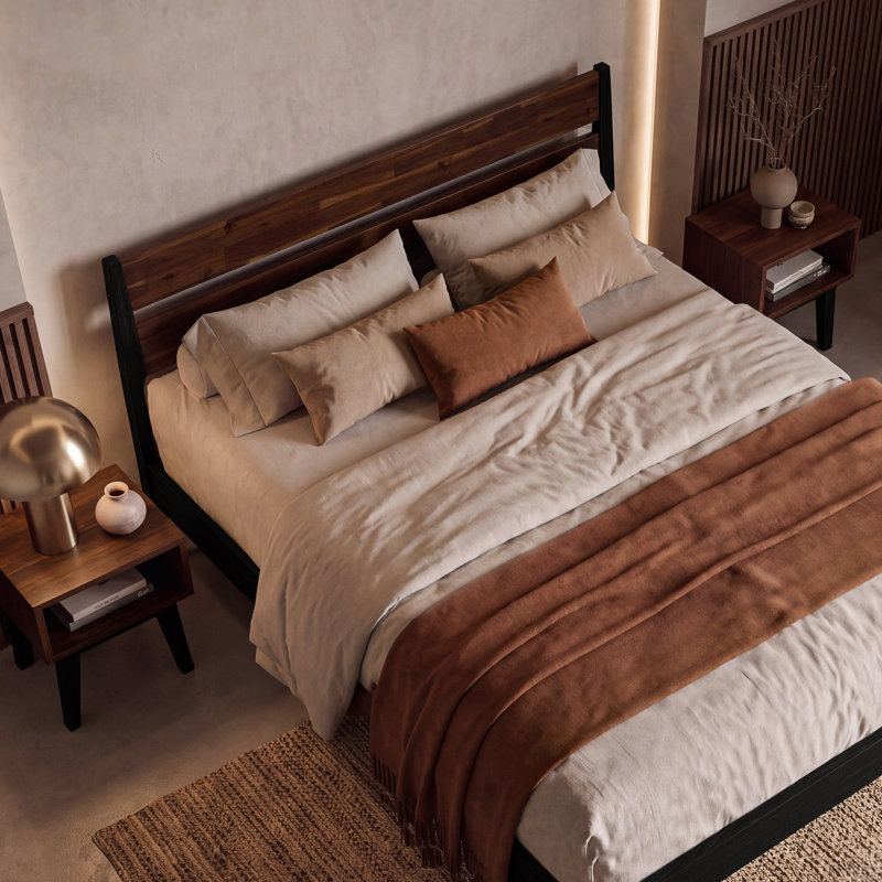 Callisto Queen Solid Wood Bed Frame with Headboard, 800 lb Capacity, Black Finish, Queen, Black