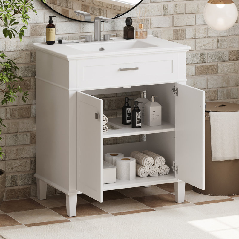 30-Inch White MDF Freestanding Bathroom Vanity with Ceramic Basin
