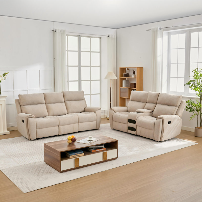 2-Piece Reclining Living Room Set with Storage, Cup Holder, and Bluetooth Speaker, Beige