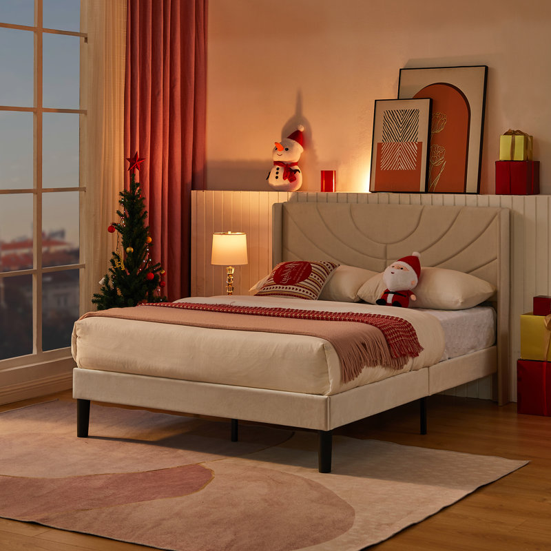 Queen Size Velvet Bed Frame with Wingback Headboard, Upholstered Platform Bed with Wing Side Channel Tufted Headboard, Solid Wooden Slats Support, No Box Spring Needed, Noise Free, Beige