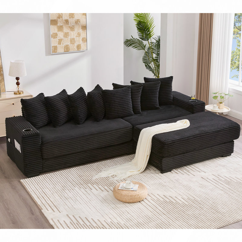 Canapé modulaire en L 110,75 po, canapé modulaire en velours côtelé, avec repose-pieds mobile, porte-gobelets, 8 coussins décoratifs, poche latérale, déplier dans un lit