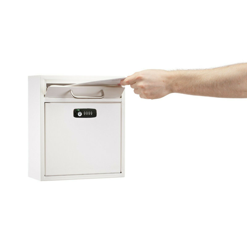 Wall-Mount Secure Drop Box Mailbox with Key and Combination Locking System, White, 12" H x 10.4" W x 4.5" D