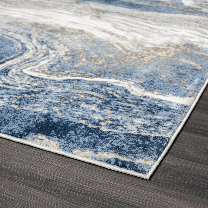 Marble Abstract Blue/Gold Area Rug, Rectangle 4' x 5'